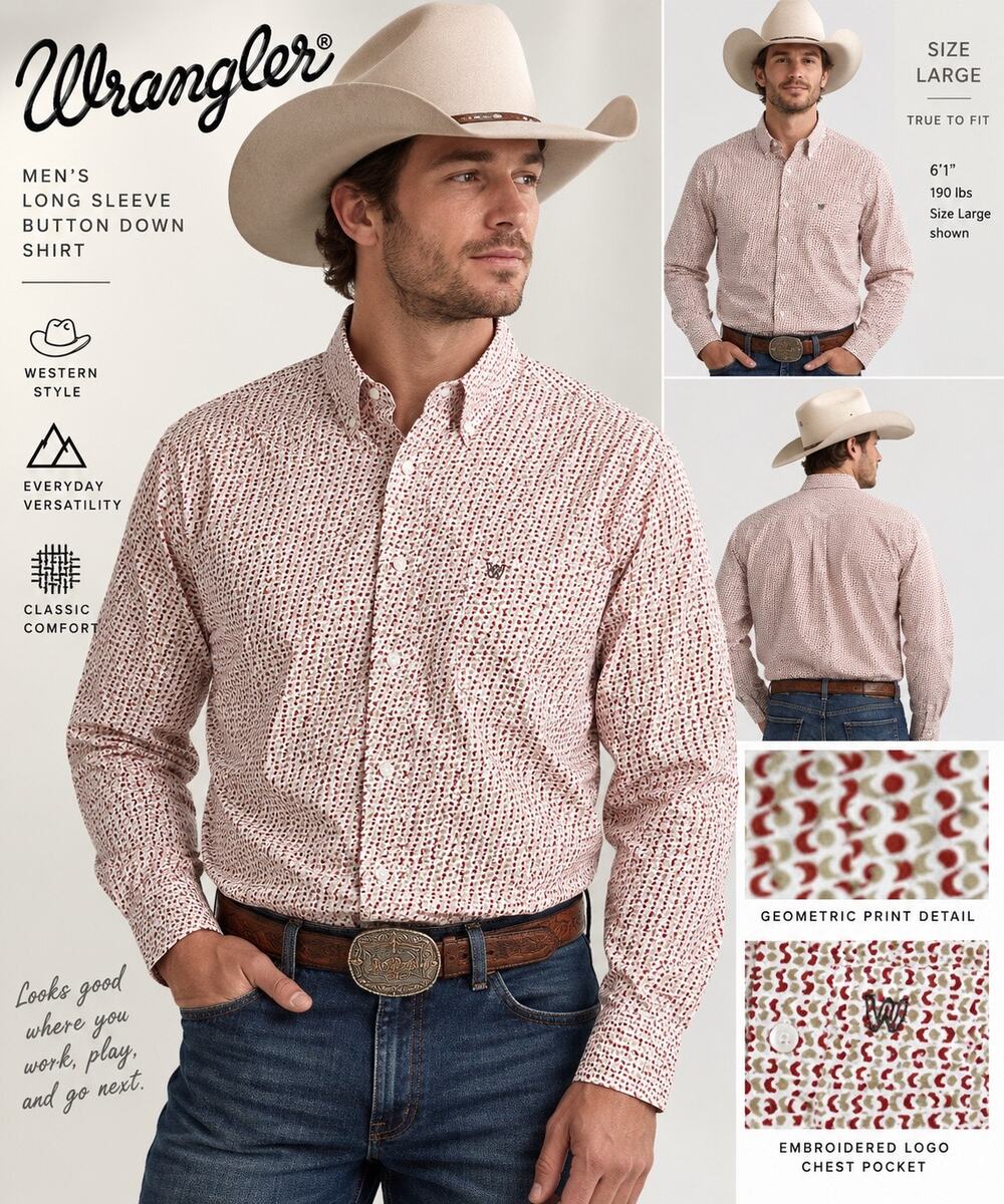 Wrangler Mens L White Red Geometric Print Button Down Long Sleeve Western Shirt